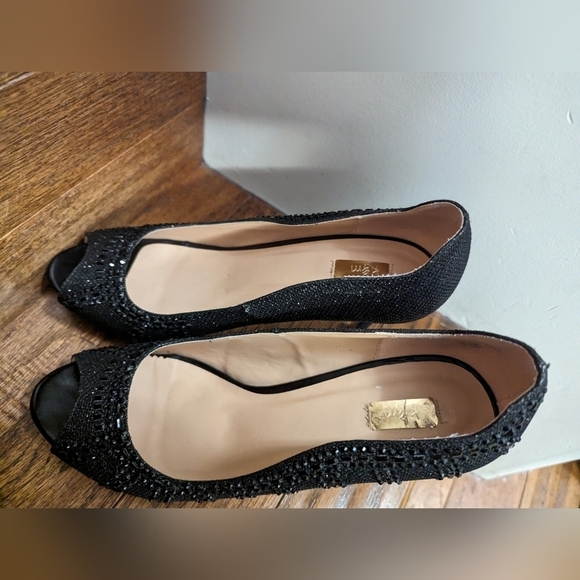 K&M (Kate & Mel) sparkly open toe black heels. size 9.5 - Picture 5 of 11
